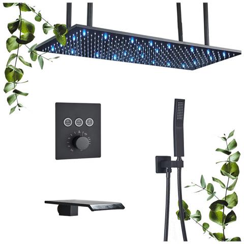 Set miscelatore doccia, Blackswan, tipo M163, modello nero opaco, 3 vie, termostato, illuminazione LED, bocca a cascata e montaggio a soffitto, misura 80 cm - Foto 2