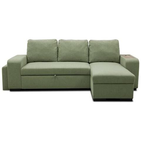 Divano Angolare Trasformabile Reversibile Valdo Da 3 A 4 Posti - Tessuto Neve Sage - Tablet Con Usb - Box + Pouf - 247x143x86 Cm - Foto 1