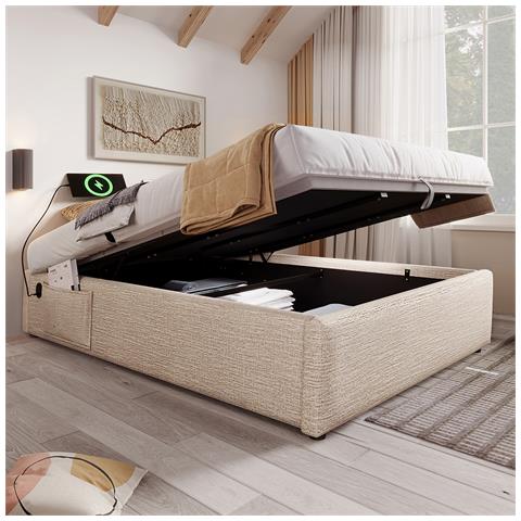 Letto Imbottito Matrimoniale 140×200 Cm, Senza Testata, Lino, Naturale, Senza Materasso - Foto 1