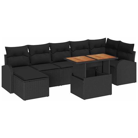 Set da Pranzo Giardino 8 Pezzi Cuscini Nero Polyrattan Acacia - Foto 1