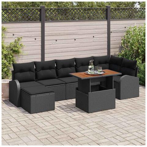 Set da Pranzo Giardino 8 Pezzi Cuscini Nero Polyrattan Acacia - Foto 2