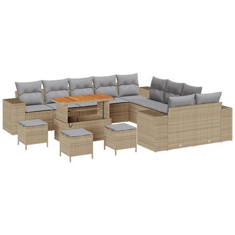 Set di Divano da Giardino da 14 Pezzi con Cuscini Beige Polyrattan Acacia, Set da Pranzo da Giardino da 4 Pezzi con Cuscini Beige Polyrattan Acacia - Foto 1