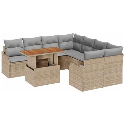 Set divani giardino  da 9 pezzi con cuscini in rattan policratico beige, Divano giardino  2 posti con spazio di stoccaggio e cuscini in rattan policratico beige - Foto 1
