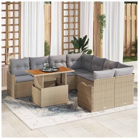 Set divani giardino  da 9 pezzi con cuscini in rattan policratico beige, Divano giardino  2 posti con spazio di stoccaggio e cuscini in rattan policratico beige - Foto 2