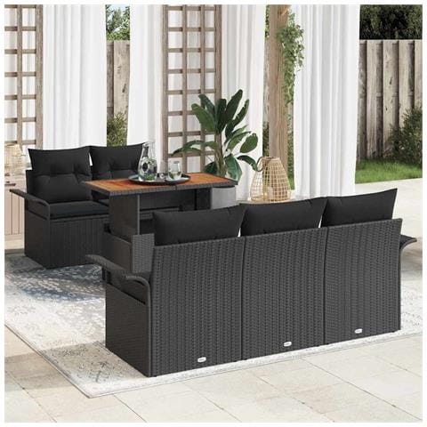 Set Divano da Giardino da 6 pezzi con Cuscini in Rattan Nero Poly Acacia - Foto 2