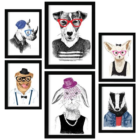Set Di 6 Stampe Nobili Animali Disegnati A Mano In Stile Colorato. Stampa Su Sfondo Bianco Con Animali In Abiti Umani. A3 & A4 Cornice Nera - Foto 1