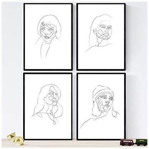 Set Di 4 Stampe Lamini Di Disegni E Schizzi A Una Linea Volti Donne 2 Poster Nordico Di Volti Nudi Corpi Al Naturale Tavolo Cornice Nera A3 - Foto 1