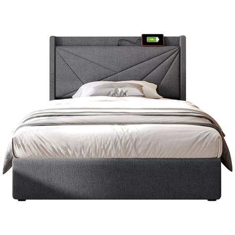 Letto Singolo Grigio Con Spazio Archiviazione E Ricarica Usb-c, Design Moderno - Foto 1