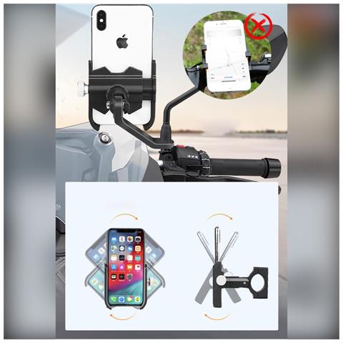 Supporto Per Telefono Bici In Lega Di Alluminio (montaggio Specchietto Retrovisore) - Nero, Regolabile E Antiurto - Foto 2