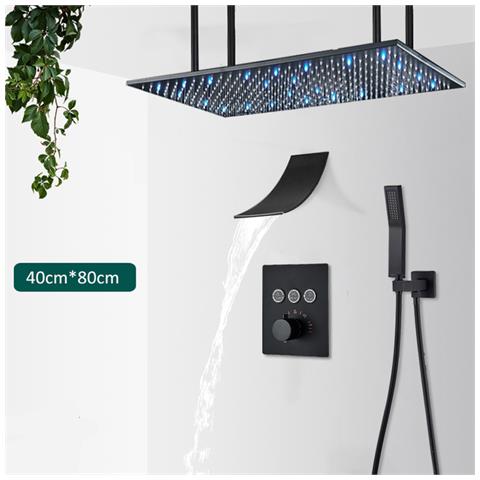 Set miscelatore doccia, Blackswan, tipo M162, modello nero opaco, 3 vie, termostato, illuminazione LED, bocca a cascata e montaggio a soffitto, misura 80 cm - Foto 2