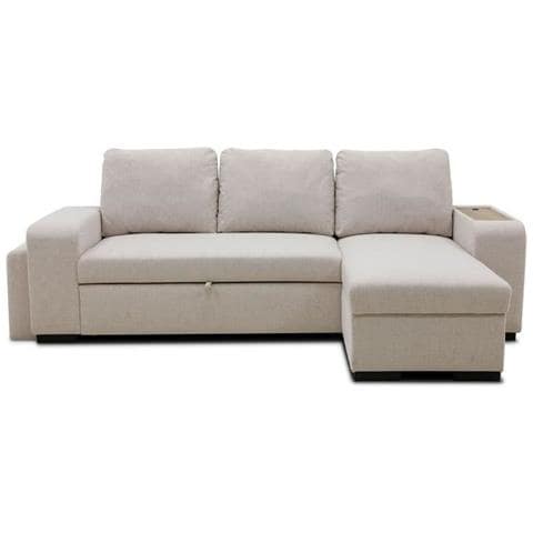 Divano Angolare Trasformabile Reversibile Valdo Da 3 A 4 Posti - Tessuto Beige - Tablet Con Usb - Box + Pouf - 247x143x86 Cm - Foto 1