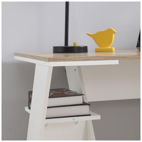 Scrivania Ufficio Porta Pc Con Ripiani Laterali Salvaspazio Tavolo Multiuso Per Computer In Legno, Studio E Camera - 137x60x75h Cm Bianco E Rovere - Foto 2