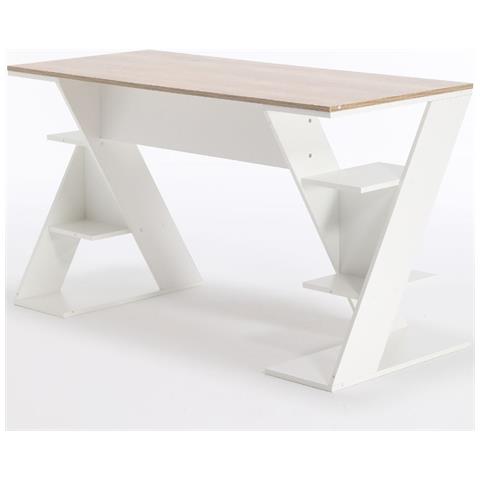 Scrivania Ufficio Porta Pc Con Ripiani Laterali Salvaspazio Tavolo Multiuso Per Computer In Legno, Studio E Camera - 137x60x75h Cm Bianco E Rovere - Foto 1