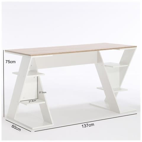 Scrivania Ufficio Porta Pc Con Ripiani Laterali Salvaspazio Tavolo Multiuso Per Computer In Legno, Studio E Camera - 137x60x75h Cm Bianco E Rovere - Foto 8