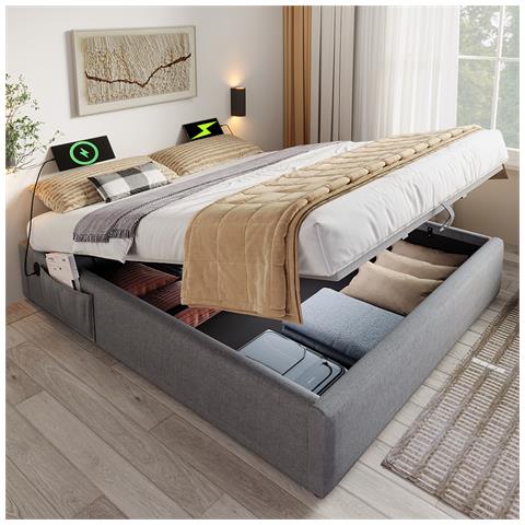 Letto Contenitore Letto Imbottito Matrimoniale 160×200 Cm, Senza Testiera, Cotone, Grigio, Senza Materasso - Foto 1