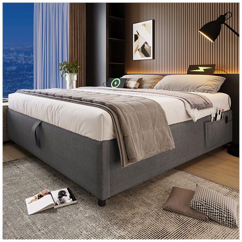 Letto Contenitore Letto Imbottito Matrimoniale 160×200 Cm, Senza Testiera, Cotone, Grigio, Senza Materasso - Foto 4