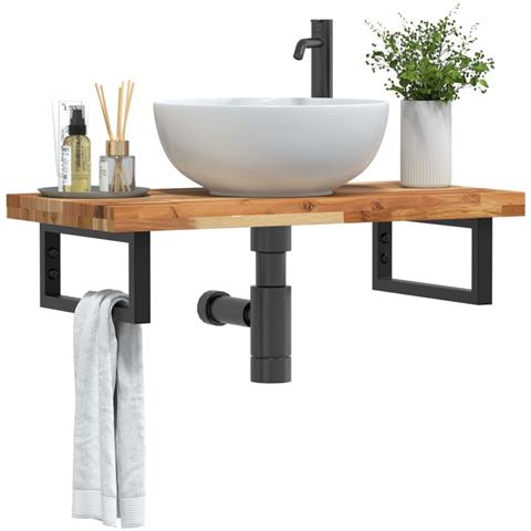 Ripiano A Parete Per Lavabo In Acciaio E Massello Di Acacia - Foto 8