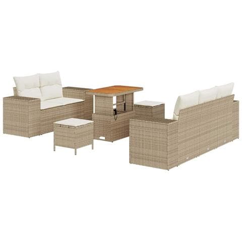 Set divano da giardino 8 pezzi con cuscini in rattan beige, polirattan acacia,  Set da pranzo da giardino 3 pezzi con cuscini in rattan beige, polirattan acacia - Foto 1