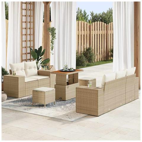 Set divano da giardino 8 pezzi con cuscini in rattan beige, polirattan acacia,  Set da pranzo da giardino 3 pezzi con cuscini in rattan beige, polirattan acacia - Foto 2
