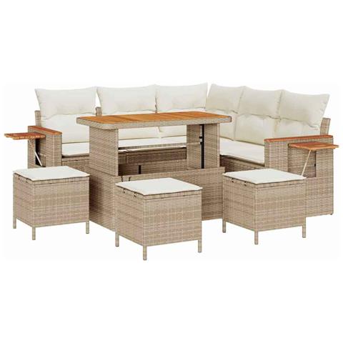 Set Divano Giardino 9 Pezzi con Cuscini Beige Polyrattan Acacia, Set da Pranzo Giardino 4 Pezzi con Cuscini Beige Polyrattan Acacia - Foto 1
