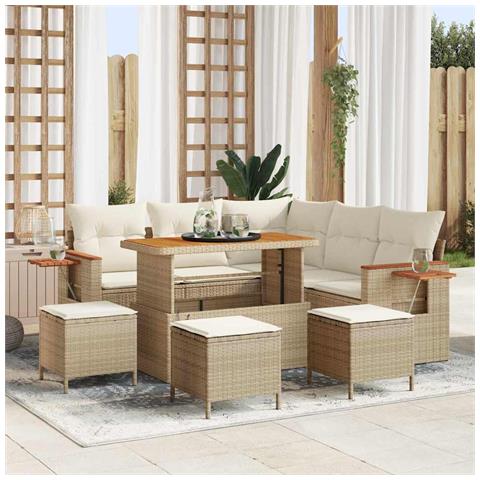 Set Divano Giardino 9 Pezzi con Cuscini Beige Polyrattan Acacia, Set da Pranzo Giardino 4 Pezzi con Cuscini Beige Polyrattan Acacia - Foto 2