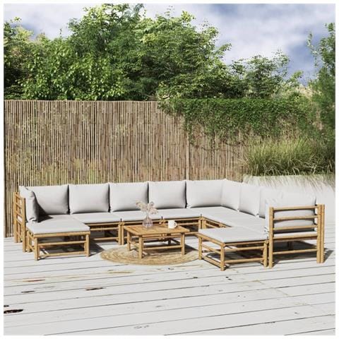 Set Salotto da Giardino 11pz con Cuscini Grigio Chiaro Bambù - Foto 2
