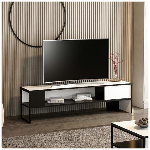 Mobile Porta Tv Concord - Con Ripiani - Da Salotto - Bianco, Nero In Truciolare Melaminico, Metallo - 150 X 42 X 35 Cm - Foto 2
