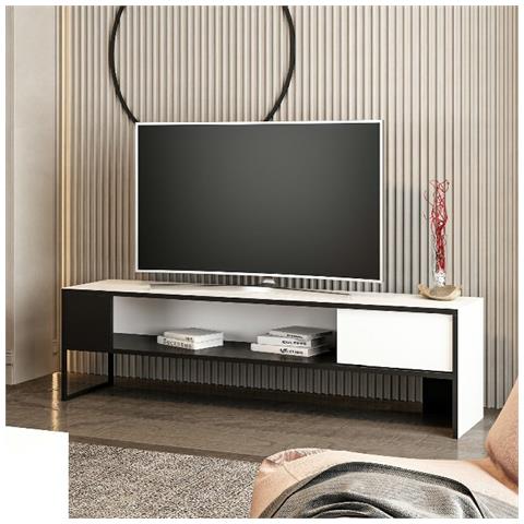 Mobile Porta Tv Concord - Con Ripiani - Da Salotto - Bianco, Nero In Truciolare Melaminico, Metallo - 150 X 42 X 35 Cm - Foto 3