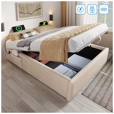 Letto Contenitore Letto Imbottito Matrimoniale 160×200 Cm, Senza Testata, Lino, Naturale, Senza Materasso - Foto 1