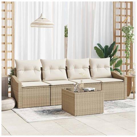 Set Divani Giardino , 5 Pezzi, Cuscini Beige, Rattan Sintetico - Foto 2