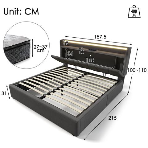Letto Matrimoniale Con Testiera Contenitore, Prese Usb E Spazio Archiviazione Integrato - Foto 2