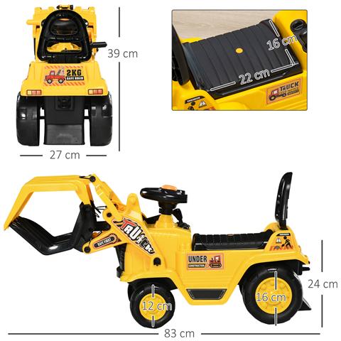 Escavatore Per Bambini 3-4 Anni Con Pinza, Pulsante Per Suoni E Spazio Portaoggetti, 83x27x39 Cm, Giallo E Nero - Foto 6