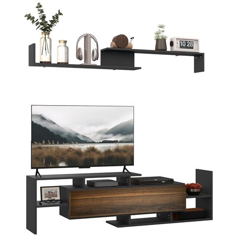 Mobile TV con Mensola a Muro, Ripiani Aperti e Armadietto in Legno, Nero e Marrone - Foto 1