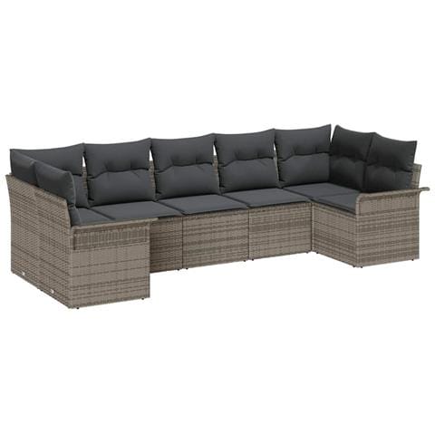 Set di divano da giardino da 7 pezzi con cuscini grigio in rattan sintetico, Divano da giardino per 2 persone con contenitore e cuscini grigio in rattan sintetico - Foto 1