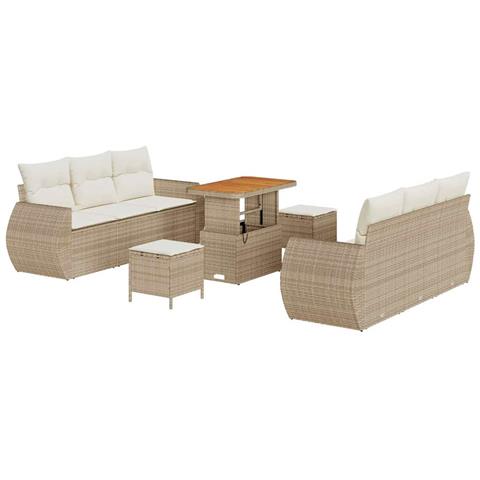 Set Divano Giardino 9 Pezzi con Cuscini Beige Polyrattan Acacia, Set Pranzo Giardino 3 Pezzi con Cuscini Beige Polyrattan Acacia - Foto 1