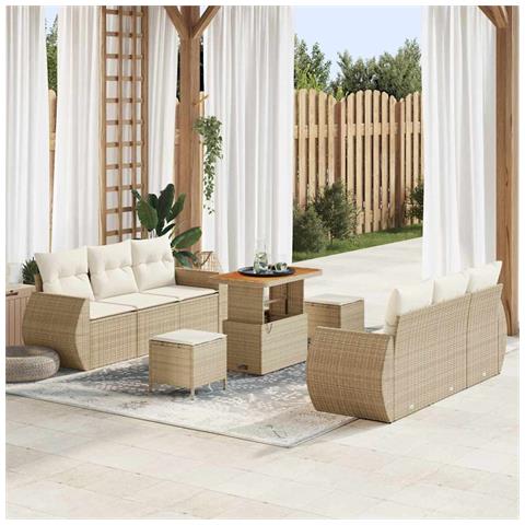 Set Divano Giardino 9 Pezzi con Cuscini Beige Polyrattan Acacia, Set Pranzo Giardino 3 Pezzi con Cuscini Beige Polyrattan Acacia - Foto 2