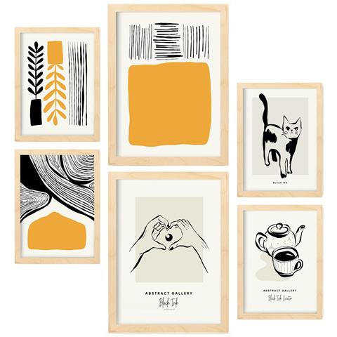 Set Di 6 Stampe Artistiche E Astratte Per L'interior Design Con Inchiostro Nero A3 & A4 Telaio In Legno Chiaro - Foto 1