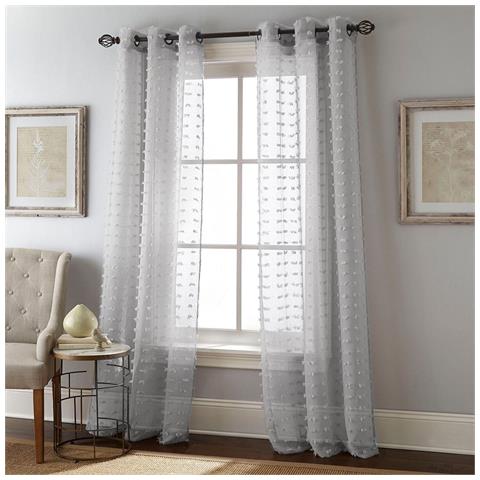 Set Di 2 Tende Trasparenti Con Pompon A Pois - Pannelli Per Finestre In Voile Con Anelli Grey Xl - Foto 4