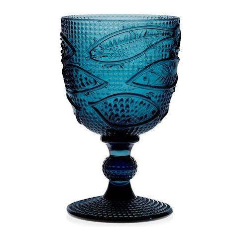 Set 6 calici Atlantico in vetro blu decoro pesci cl 30 - Foto 1