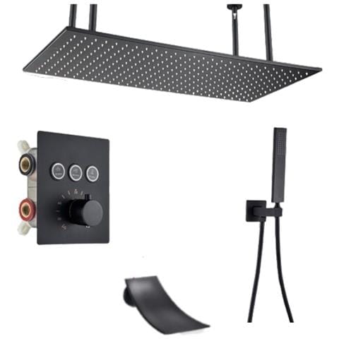 Set miscelatore doccia, Blackswan, tipo M159, modello nero opaco, 3 vie, termostato, bocca a cascata e montaggio a soffitto, misura 80 cm - Foto 1