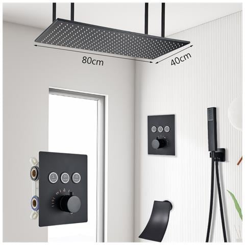 Set miscelatore doccia, Blackswan, tipo M159, modello nero opaco, 3 vie, termostato, bocca a cascata e montaggio a soffitto, misura 80 cm - Foto 2