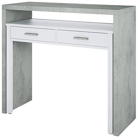 Consolle Billings, Scrivania Con Piano Estensibile, Scrittoio Porta Pc Con 2 Cassetti, 99x36h88 Cm, Cemento E Bianco - Foto 4