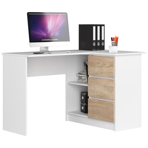 Scrivania ad angolo B16 destro, 3 cassetti, 124x85x77 cm, Colore Bianco e Sonoma Quercia - Foto 1