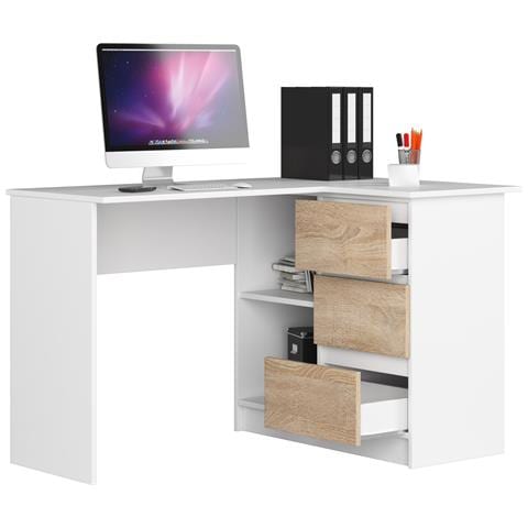 Scrivania ad angolo B16 destro, 3 cassetti, 124x85x77 cm, Colore Bianco e Sonoma Quercia - Foto 2