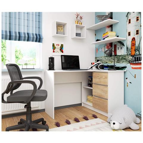 Scrivania ad angolo B16 destro, 3 cassetti, 124x85x77 cm, Colore Bianco e Sonoma Quercia - Foto 7