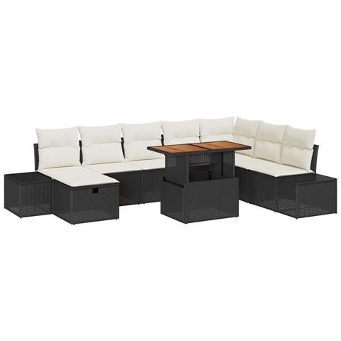 Set da Pranzo Giardino 9 Pezzi con Cuscini in Rattan Nero Acacia - Foto 1