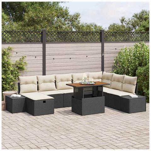 Set da Pranzo Giardino 9 Pezzi con Cuscini in Rattan Nero Acacia - Foto 2