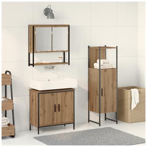 Set di arredamento bagno in 3 pezzi Rovere Massello Legno Ingegnerizzato - Foto 2