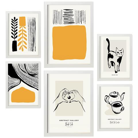 Set Di 6 Stampe Artistiche E Astratte Per L'interior Design Con Inchiostro Nero A3 & A4 Cornice Bianca - Foto 1