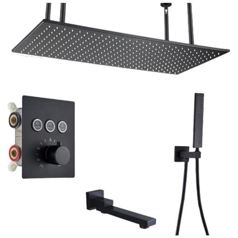 Set miscelatore doccia, Blackswan, tipo M158, modello nero opaco, 3 vie, termostato, bocca mobile e montaggio a soffitto, misura 80 cm - Foto 1